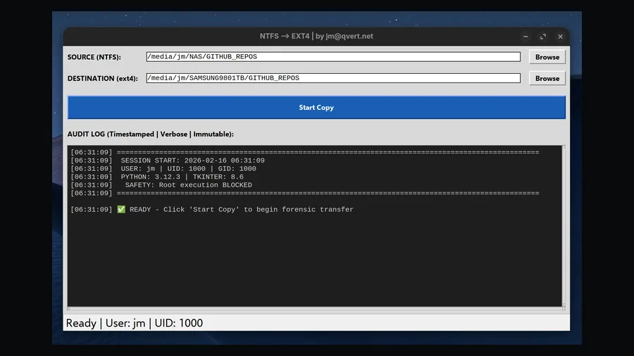 NTFS → EXT4 Forensic Copy Tool current UI preview